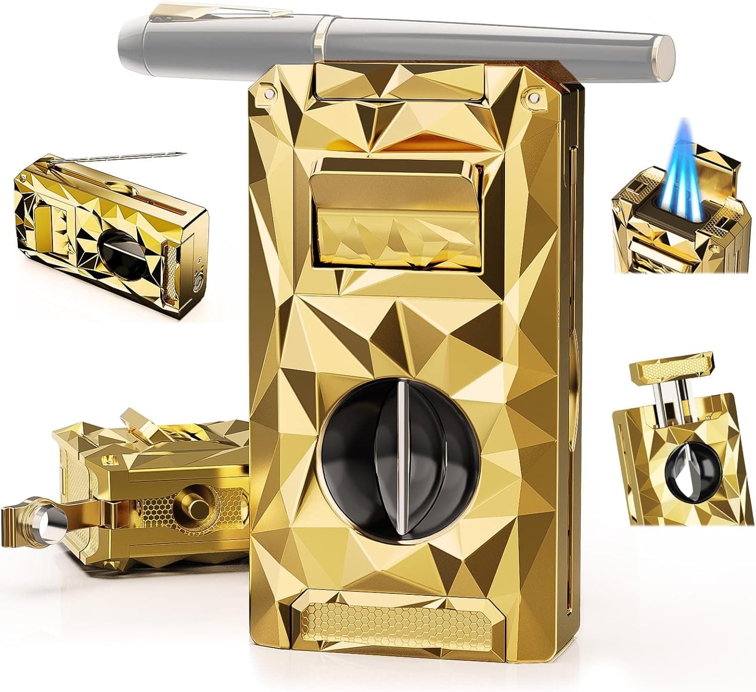 Triple Torch Lighter 5-in-1 with Cutter, Punch, Holder, Draw Enhancer Tool, Windproof Jet Flames, Gifts for Men, Multi-Functional Accessories, Butane Refillable All-in-1 Lighter for Travel, Outdoors