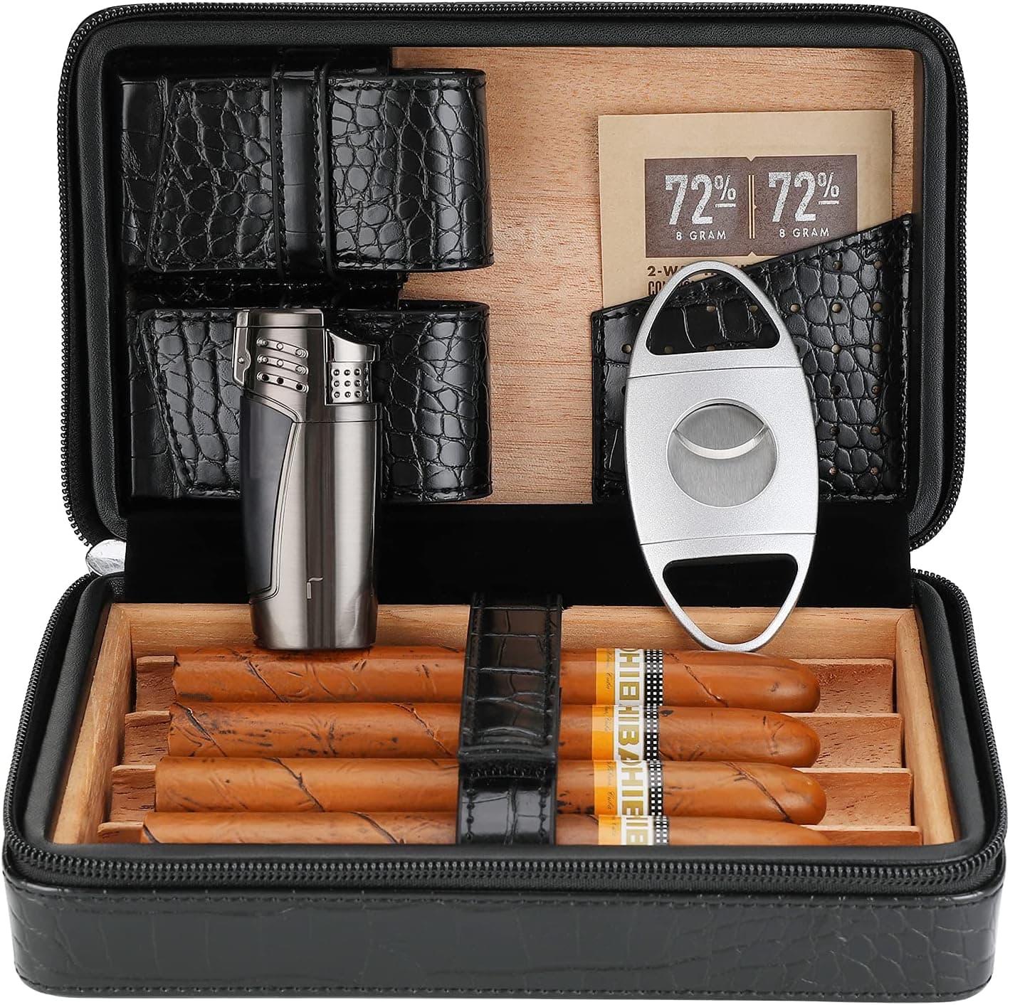 Cigar Case, Cedar Wood Travel Portable Leather Cigar Humidor with Cigar Lighter and Cutter, Black Crocodile Pattern